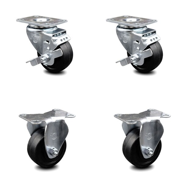 3.5 Inch Soft Rubber Swivel Top Plate Caster Set with 2 Brakes 2 Rigid SCC